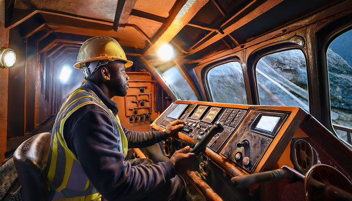 A yellow locomotive in a dark mine tunnel A yellow locomotive in a dark mine tunnel