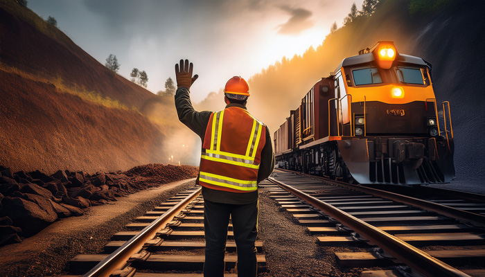 A yellow locomotive in a dark mine tunnel A yellow locomotive in a dark mine tunnel