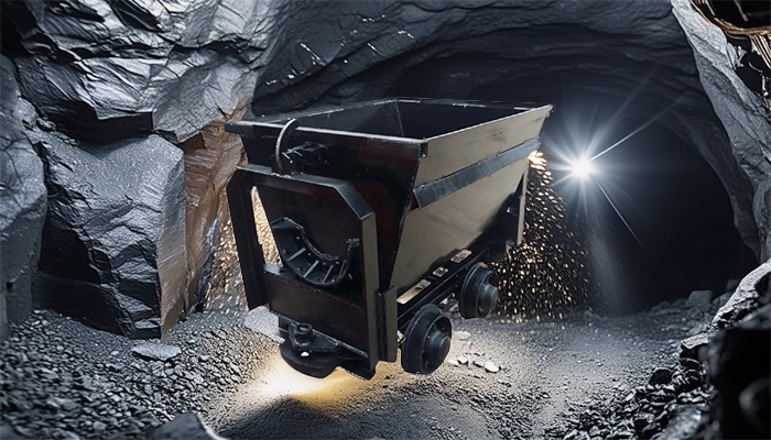 three distinct small industrial mining wagons (a flip-over type, a side-dump type, and a curved-rail side-dump type) positioned side-by-side in a dimly lit underground mine tunnel. 