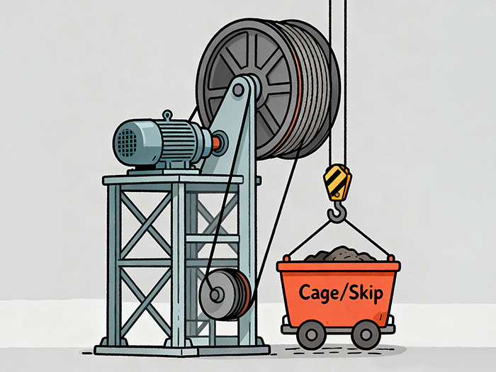 A newly manufactured mine hoist winch with blue and red paint finish, ready for delivery, displayed in the factory workshop.