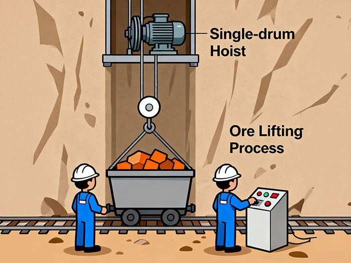 A newly manufactured mine hoist winch with blue and red paint finish, ready for delivery, displayed in the factory workshop.