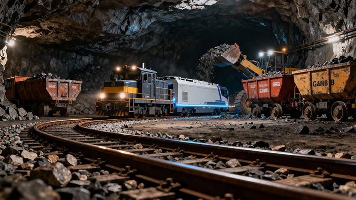 a modern lithium-ion battery locomotive hauling a line of side-discharge mine cars through a brightly lit underground mine tunnel. 