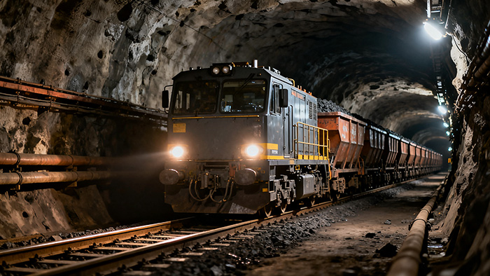 a modern lithium-ion battery locomotive hauling a line of side-discharge mine cars through a brightly lit underground mine tunnel. 