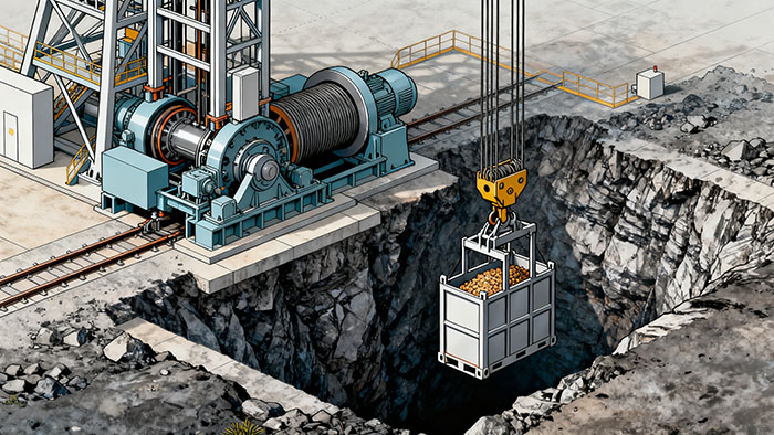 A majestic split-view of a modern mine: top half shows a massive headframe and hoist under a sunny sky; bottom half reveals an underground tunnel with vehicles. A majestic split-view of a modern mine: top half shows a massive headframe and hoist under a sunny sky; bottom half reveals an underground tunnel with vehicles.
