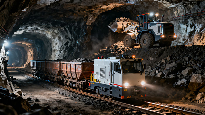 A majestic split-view of a modern mine: top half shows a massive headframe and hoist under a sunny sky; bottom half reveals an underground tunnel with vehicles. A majestic split-view of a modern mine: top half shows a massive headframe and hoist under a sunny sky; bottom half reveals an underground tunnel with vehicles.