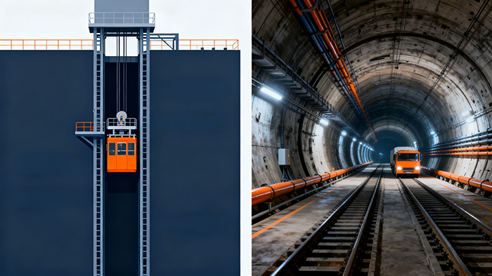 A majestic split-view of a modern mine: top half shows a massive headframe and hoist under a sunny sky; bottom half reveals an underground tunnel with vehicles. A majestic split-view of a modern mine: top half shows a massive headframe and hoist under a sunny sky; bottom half reveals an underground tunnel with vehicles.