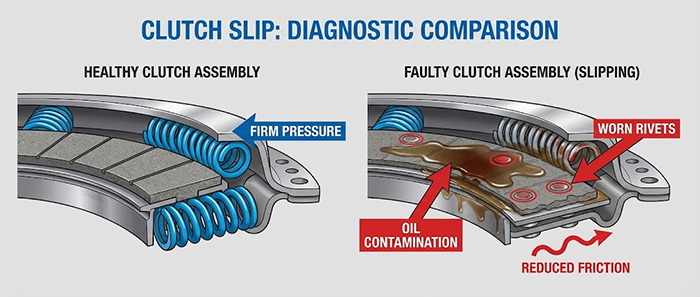 Close-up of a tricycle clutch components - friction plates and springs - for diagnosing issues like clutch slip and incomplete separation in a repair guide.