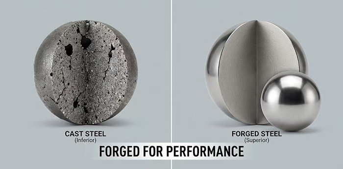 A powerful air forge hammer strikes a glowing red-hot steel billet, forging it into a perfect, high-density ball in a shower of sparks.