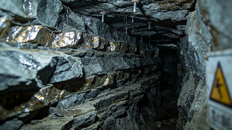 A cinematic view looking down a narrow, low-height underground mine drift, illuminated by a helmet headlamp.