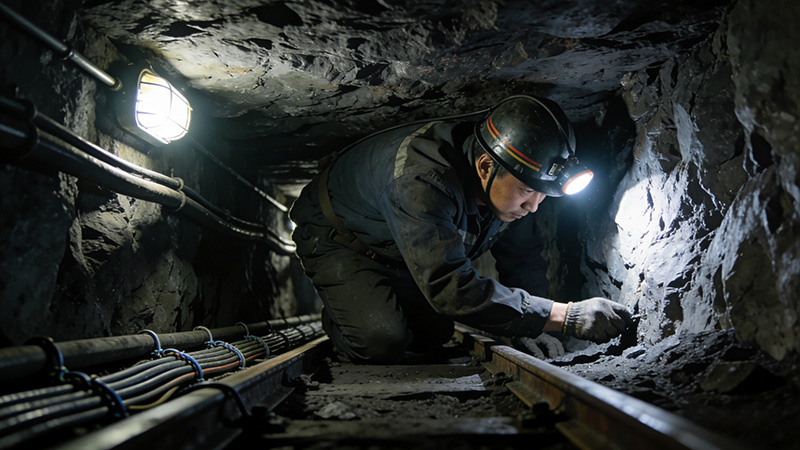 A cinematic view looking down a narrow, low-height underground mine drift, illuminated by a helmet headlamp.