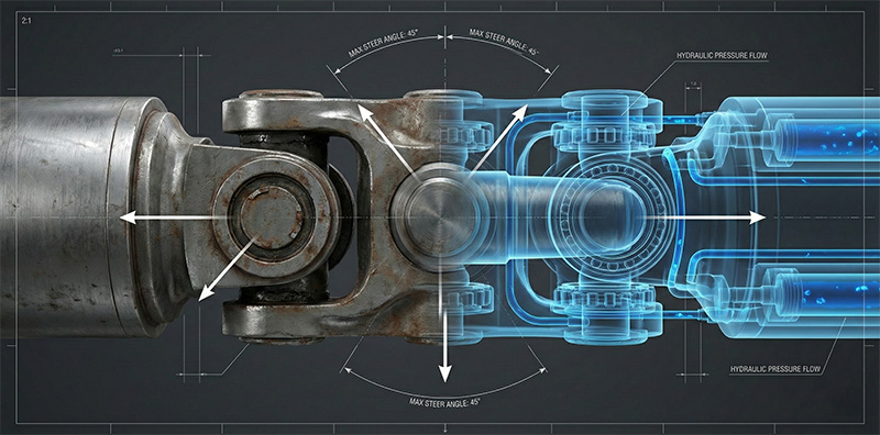 Macro shot of a heavy-duty central articulation joint, showcasing the king pin and hydraulic cylinders in a dynamic twist within an industrial setting.