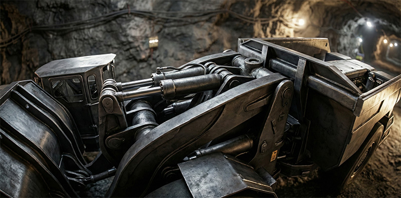 Macro shot of a heavy-duty central articulation joint, showcasing the king pin and hydraulic cylinders in a dynamic twist within an industrial setting.