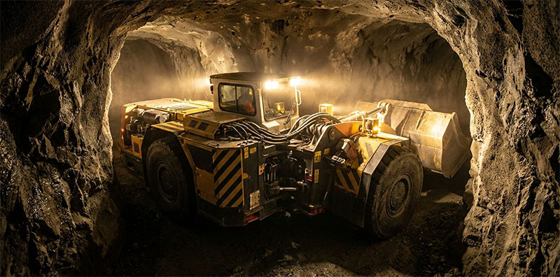 Macro shot of a heavy-duty central articulation joint, showcasing the king pin and hydraulic cylinders in a dynamic twist within an industrial setting.