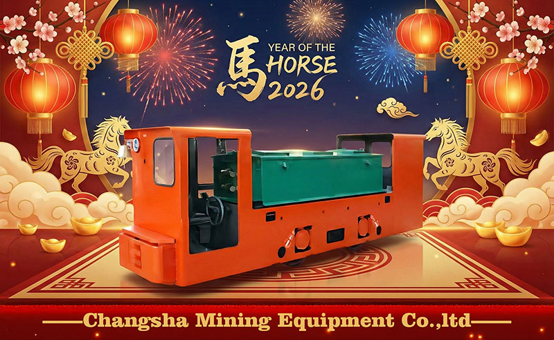 Custom 5-ton lithium mine locomotive with Year of the Horse 2026 decorations, ready for South America shipment after successful factory testing. Custom 5-ton lithium mine locomotive with Year of the Horse 2026 decorations, ready for South America shipment after successful factory testing.