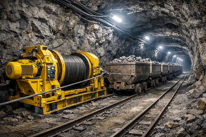 Mine dispatch winches installed inside an underground mining tunnel, featuring multiple heavy-duty blue electric haulage winches used for underground transport operations
