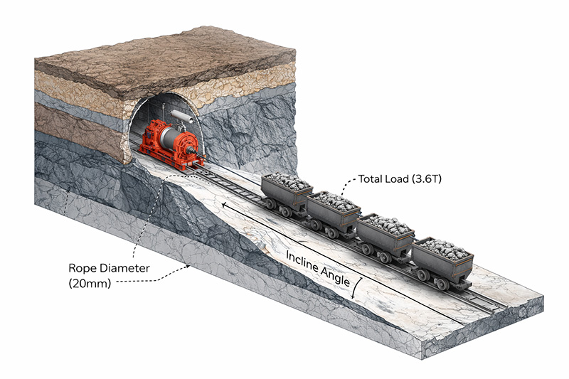 Mine dispatch winches installed inside an underground mining tunnel, featuring multiple heavy-duty blue electric haulage winches used for underground transport operations