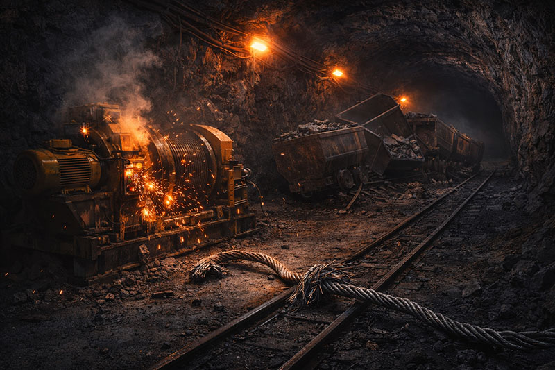 Mine dispatch winches installed inside an underground mining tunnel, featuring multiple heavy-duty blue electric haulage winches used for underground transport operations