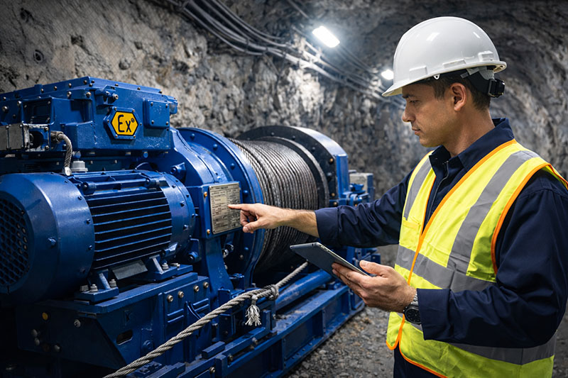 Mine dispatch winches installed inside an underground mining tunnel, featuring multiple heavy-duty blue electric haulage winches used for underground transport operations