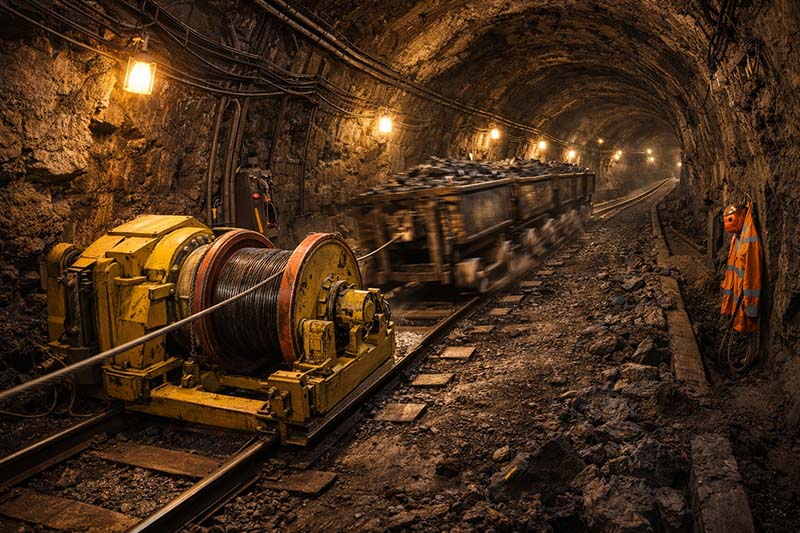 A split-view illustration comparing a dispatch winch pulling mine carts horizontally in a tunnel versus a hoist winch lifting a load vertically in a mine shaft.