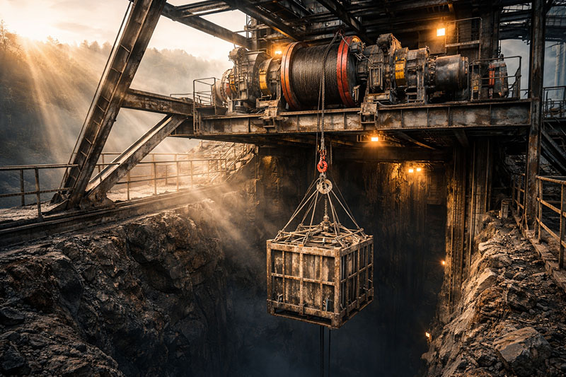 A split-view illustration comparing a dispatch winch pulling mine carts horizontally in a tunnel versus a hoist winch lifting a load vertically in a mine shaft.