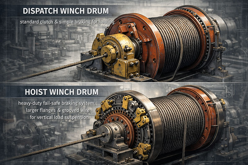 A split-view illustration comparing a dispatch winch pulling mine carts horizontally in a tunnel versus a hoist winch lifting a load vertically in a mine shaft.