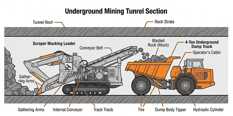 ZWY-60 scraper mucking loader loading rocks into D40 4-ton underground dump truck inside narrow mining tunnel