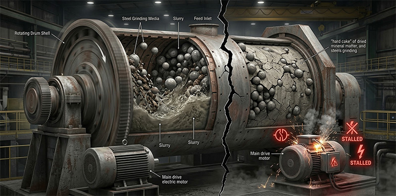 Split scene showing a ball mill in 24/7 operation on left and a vibrating screen with cracks and overheating on right, highlighting industrial equipment conflict.