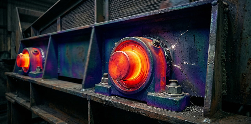 Split scene showing a ball mill in 24/7 operation on left and a vibrating screen with cracks and overheating on right, highlighting industrial equipment conflict.