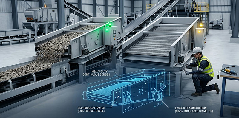Split scene showing a ball mill in 24/7 operation on left and a vibrating screen with cracks and overheating on right, highlighting industrial equipment conflict.