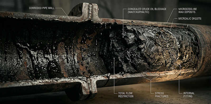 Cross-section diagram showing irreversible oil well damage with trapped crude oil in desert underground rock formations.