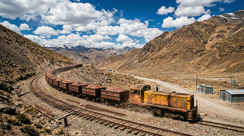 Sistema de rieles mineros 24kg con eclisas y clavos de alta resistencia en mina sudamericana.