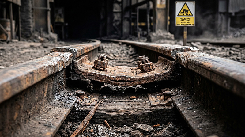 Sistema de rieles mineros 24kg con eclisas y clavos de alta resistencia en mina sudamericana.