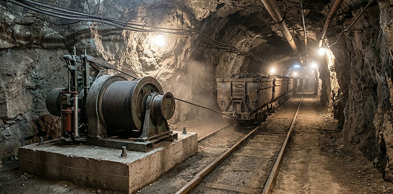 Dispatch winch pulling mine cars on rails left, scraper winch dragging ore with bucket right, underground mining equipment comparison.