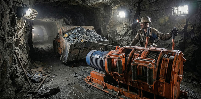 Dispatch winch pulling mine cars on rails left, scraper winch dragging ore with bucket right, underground mining equipment comparison.