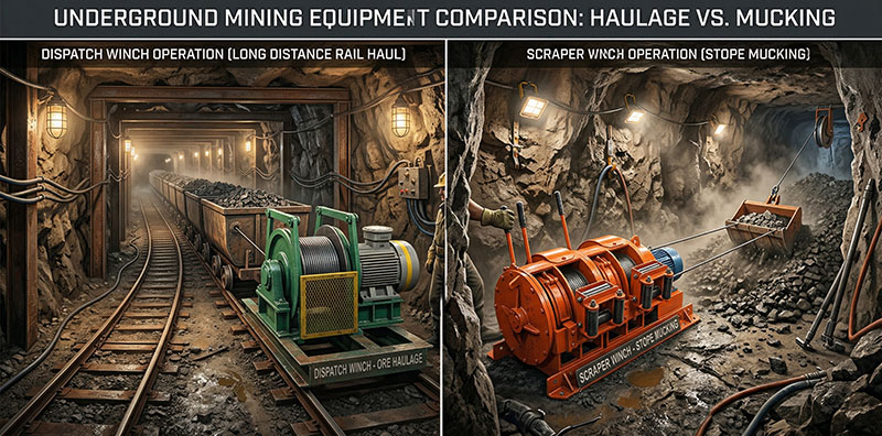 Dispatch winch pulling mine cars on rails left, scraper winch dragging ore with bucket right, underground mining equipment comparison.