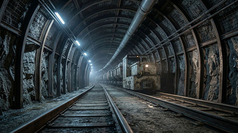 Technical blueprint of a 5‑ton mining battery locomotive showing power system specifications.