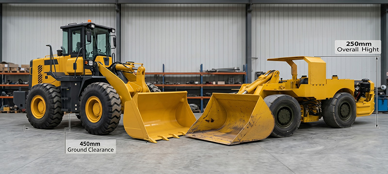 Side-by-side comparison of a 5-ton wheel loader operating in an open pit versus a WJ-3A LHD operating in an underground mine tunnel, highlighting differences in ground clearance and machine profile for mining equipment selection. Side-by-side comparison of a 5-ton wheel loader operating in an open pit versus a WJ-3A LHD operating in an underground mine tunnel, highlighting differences in ground clearance and machine profile for mining equipment selection.