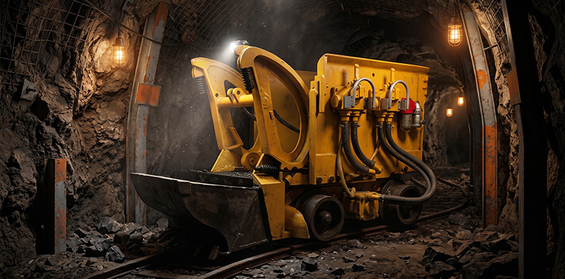 Pneumatic rock loader on rail tracks inside a narrow underground mine tunnel