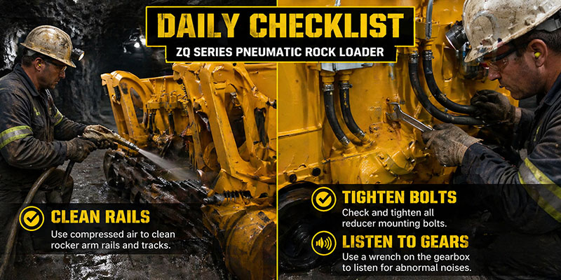Cover image of a miner lubricating the main air valve of a ZQ series pneumatic rock loader in an underground mine tunnel for the ultimate maintenance and lubrication guide.