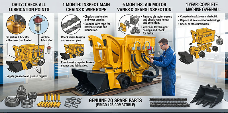 Cover image of a miner lubricating the main air valve of a ZQ series pneumatic rock loader in an underground mine tunnel for the ultimate maintenance and lubrication guide.