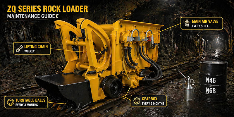 Cover image of a miner lubricating the main air valve of a ZQ series pneumatic rock loader in an underground mine tunnel for the ultimate maintenance and lubrication guide.