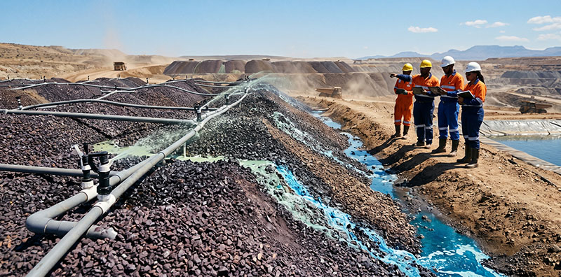 Split composition showing yellow sulfur powder and copper oxide ore connected by a broken chain, symbolizing the Middle East sulfur shortage disrupting African copper mining.