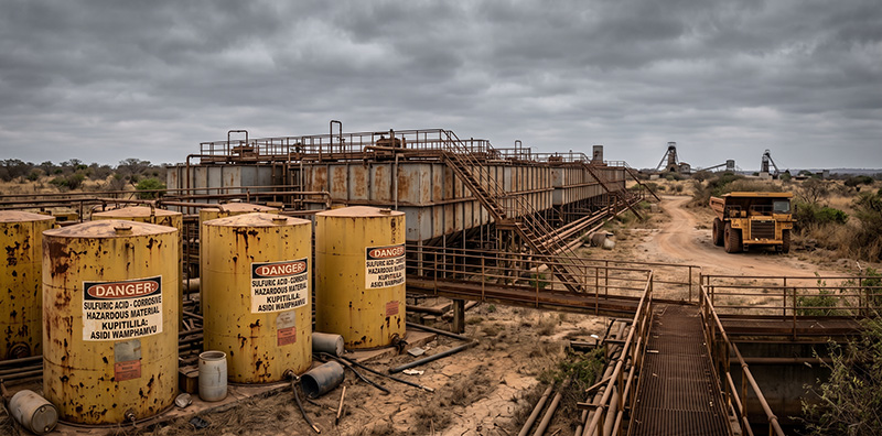 Split composition showing yellow sulfur powder and copper oxide ore connected by a broken chain, symbolizing the Middle East sulfur shortage disrupting African copper mining.