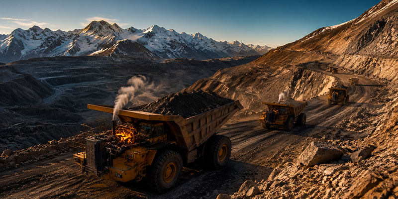 Cover image for the article "Overcoming the Andes" featuring a massive yellow mining dump truck climbing a rocky high‑altitude road in the Andes with bold uppercase text "THIN AIR" stacked above "HEAVY LIFTING" overlaid in the sky.