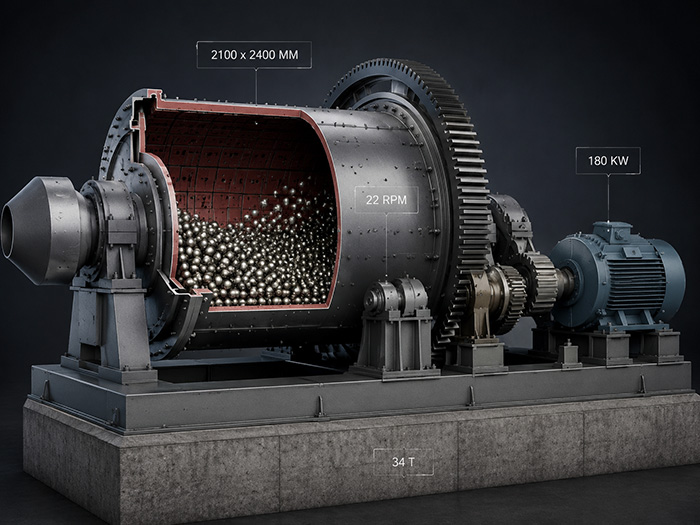 Close-up industrial illustration of a massive ball mill gear and manganese steel liner blending into an abstract map of Ethiopia, set against a golden highland landscape at dawn.