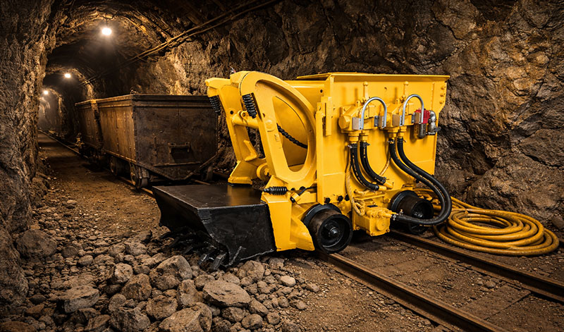 Palas neumáticas y locomotoras a batería para minería subterránea de oro en socavones angostos.
