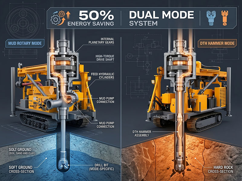 TRD-800 mechanical top drive drilling rig on construction site with dual-mode mud rotary and DTH hammer system editorial cover. TRD-800 mechanical top drive drilling rig on construction site with dual-mode mud rotary and DTH hammer system editorial cover.