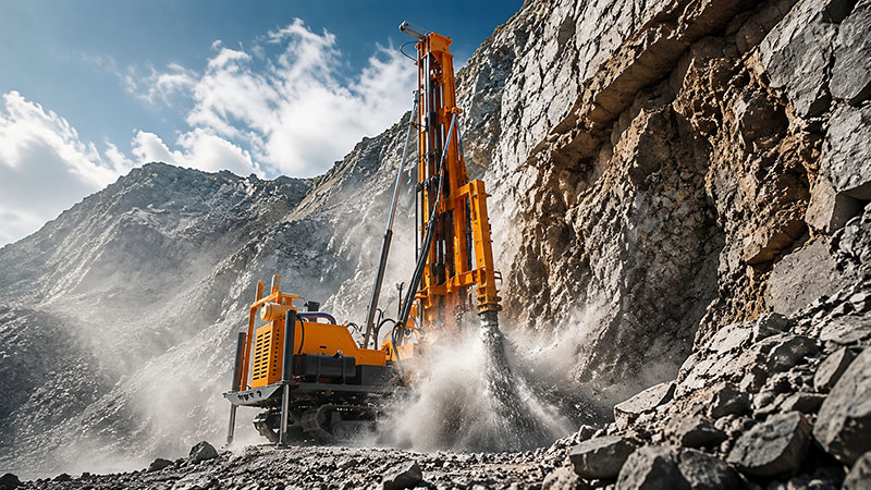 TRD-800 mechanical top drive drilling rig on construction site with dual-mode mud rotary and DTH hammer system editorial cover. TRD-800 mechanical top drive drilling rig on construction site with dual-mode mud rotary and DTH hammer system editorial cover.