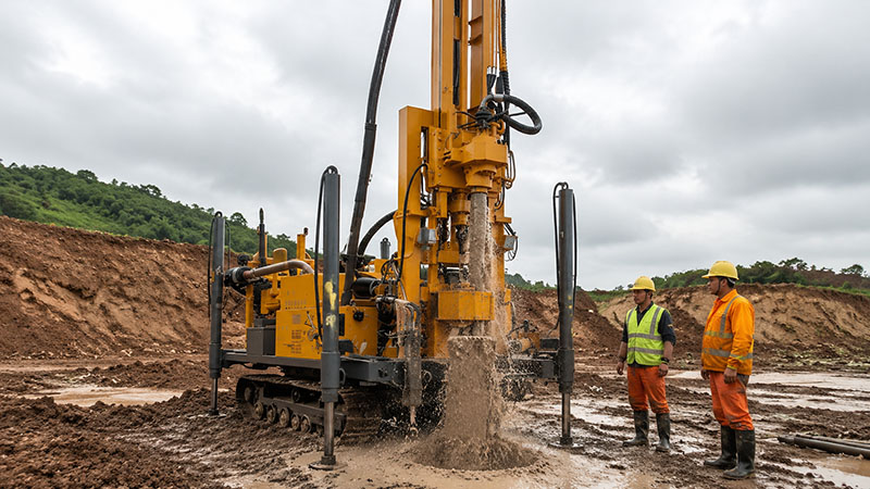 TRD-800 mechanical top drive drilling rig on construction site with dual-mode mud rotary and DTH hammer system editorial cover. TRD-800 mechanical top drive drilling rig on construction site with dual-mode mud rotary and DTH hammer system editorial cover.