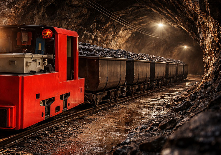 Explosion-proof lithium battery mining locomotive operating in an underground coal mine tunnel with dramatic lighting. Explosion-proof lithium battery mining locomotive operating in an underground coal mine tunnel with dramatic lighting.